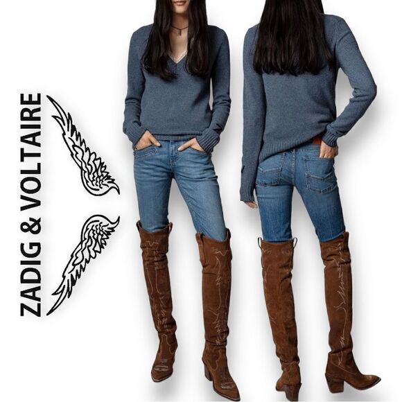 Zadig & Voltaire Women’s Sourca Rc Cashmere Sweater in the Size Large in Denim - Picture 1 of 11